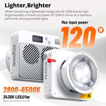 Godox ML100Bi 120W LED Video Light, 2800K-6500K Bi-Color Video Lighting Kit, 34300 Lux CRI 97+/TLCI ...