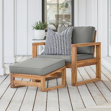 Walker Edison Modern Acacia Wood Outdoor Chair and Ottoman Set