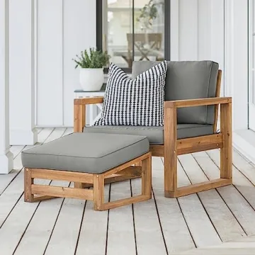 Walker Edison Modern Acacia Wood Outdoor Chair and Ottoman Set