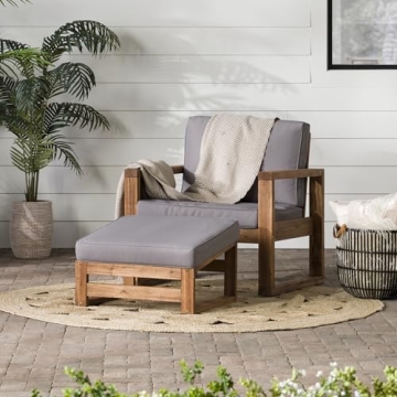 Walker Edison Modern Acacia Wood Outdoor Chair and Ottoman Set