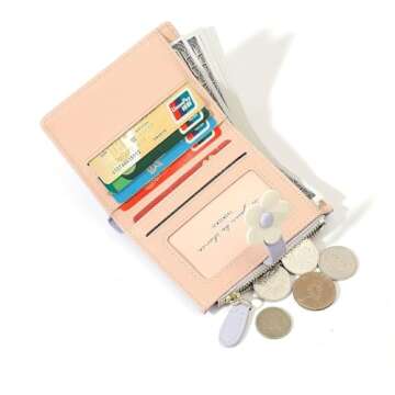 MEISEE Small Wallet for Girls Women Tri-folded Wallet Cash Pocket flowers Print Card Holder Coin Purse with ID Window elegant youthful and cute… (3-pink)
