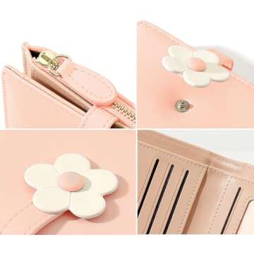 MEISEE Small Wallet for Girls Women Tri-folded Wallet Cash Pocket flowers Print Card Holder Coin Purse with ID Window elegant youthful and cute… (3-pink)