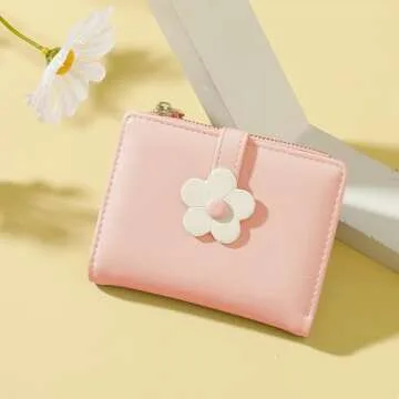 MEISEE Small Wallet for Girls Women Tri-folded Wallet Cash Pocket flowers Print Card Holder Coin Purse with ID Window elegant youthful and cute… (3-pink)