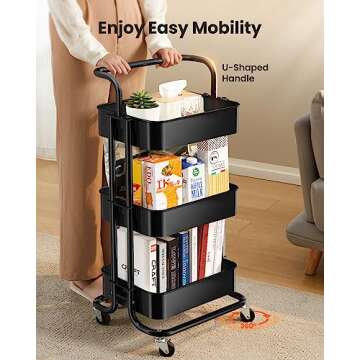 Pipishell 3 Tier Mesh Utility Cart, Rolling Metal Organization Cart with Handle and Lockable Wheels, Multifunctional Storage Shelves for Kitchen Living Room Office Black