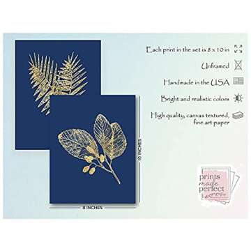 Blue Wall Art - Pressed Leaf Prints - 8x10 (Set of 6) - Unframed - Botanical Decor - Navy and Gold -...