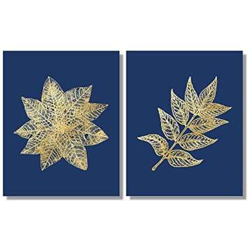 Blue Wall Art - Pressed Leaf Prints - 8x10 (Set of 6) - Unframed - Botanical Decor - Navy and Gold - Leaf Wall Art