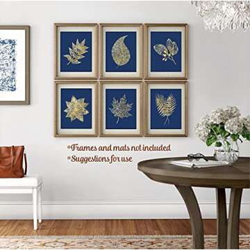 Blue Wall Art - Pressed Leaf Prints - 8x10 (Set of 6) - Unframed - Botanical Decor - Navy and Gold - Leaf Wall Art