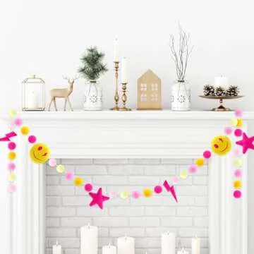 Whaline Preppy Felt Banner 3D Pink Face Lighting Star Banner Felt Ball Garland Pre-Assembled Preppy Theme Bunting Garland for Back to School Dorm Classroom Hanging Decoration Party Supplies