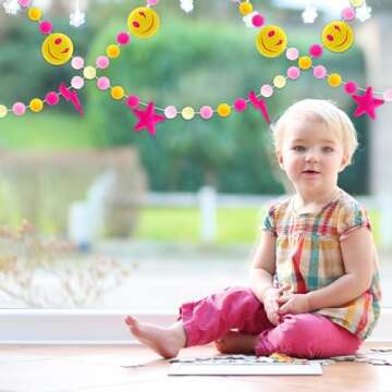 Whaline Preppy Felt Banner 3D Pink Face Lighting Star Banner Felt Ball Garland Pre-Assembled Preppy Theme Bunting Garland for Back to School Dorm Classroom Hanging Decoration Party Supplies