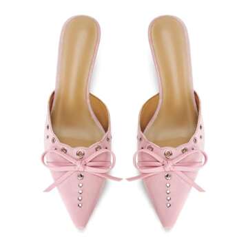 DOEYG Pink Kitten Heels for Women Pointed Toe Heels Dressy Pointy Heeled Mule Heels Bow Studded Vint...