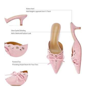 DOEYG Pink Kitten Heels for Women Pointed Toe Heels Dressy Pointy Heeled Mule Heels Bow Studded Vintage Heels Trendy Slip on Stiletto Heels Pumps Size 7
