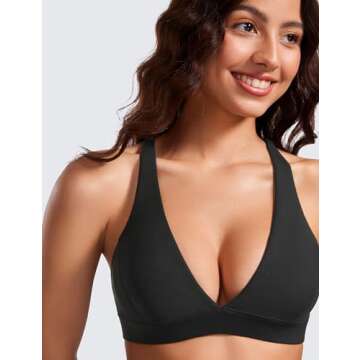 CRZ YOGA Butterluxe Deep V-Neck Sports Bras for Women - Spaghetti Strap Criss Cross Padded Top Low Coverage Wireless Yoga Black Medium