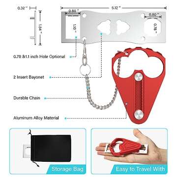 Portable Door Lock for Hotel Door Safety- Metal Hotel Door Locks for Travelers Security-Travel Door Lock Latches & Bolts for Additional Safety Prevent Unauthorized Entry，Red