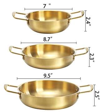 Okllen Set of 3 Korean Ramen Noodle Pot with Handles, Stainless Steel Everyday Pan, Golden Korean Co...