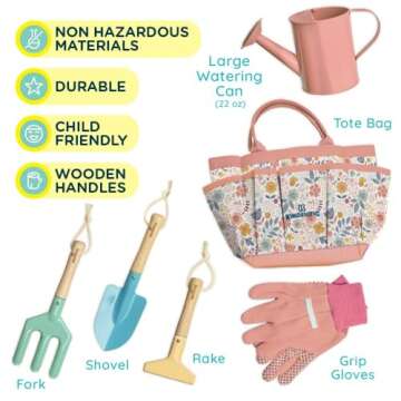 Kinderific Gardening Set, Tool Kit, for Kids, STEM, Includes Tote Bag, Spade, Watering Can, Rake, Fork, Trowel and Gloves (Floral)