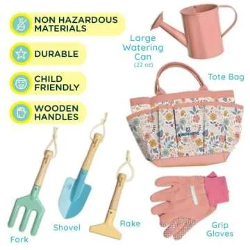 Kinderific Gardening Set, Tool Kit, for Kids, STEM, Includes Tote Bag, Spade, Watering Can, Rake, Fork, Trowel and Gloves (Floral)