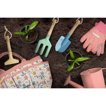 Kinderific Gardening Set, Tool Kit, for Kids, STEM, Includes Tote Bag, Spade, Watering Can, Rake, Fork, Trowel and Gloves (Floral)