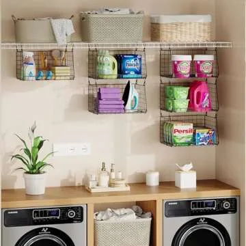3-Pack Hanging Laundry Room Organizaton：Foldable Laundry Room Organizer Wire Basket with 360°Rota...