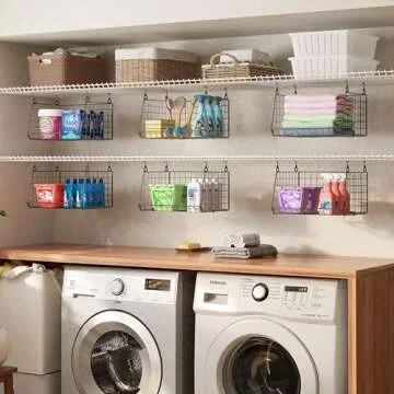 3-Pack Hanging Laundry Room Organizaton：Foldable Laundry Room Organizer Wire Basket with 360°Rotating Hooks Space Saving Over Washer and Dryer Shelves - Laundry Organization and Storage, Black Patent