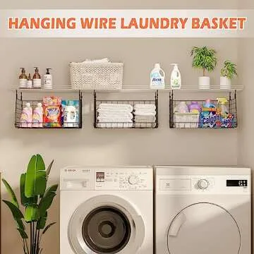 3-Pack Hanging Laundry Room Organizaton：Foldable Laundry Room Organizer Wire Basket with 360°Rotating Hooks Space Saving Over Washer and Dryer Shelves - Laundry Organization and Storage, Black Patent