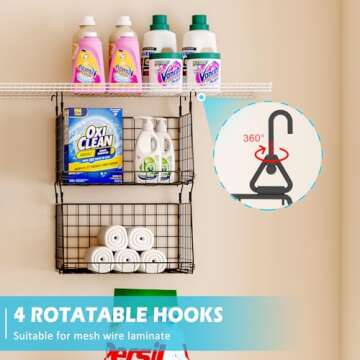 3-Pack Hanging Laundry Room Organizaton：Foldable Laundry Room Organizer Wire Basket with 360°Rotating Hooks Space Saving Over Washer and Dryer Shelves - Laundry Organization and Storage, Black Patent