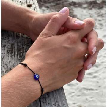 Black String Evil Eye Bracelet – Adjustable Wax Nylon Cord Talisman | Handmade Protection Amulet with Blue Turkish Glass Bead for Men, Women & Teens