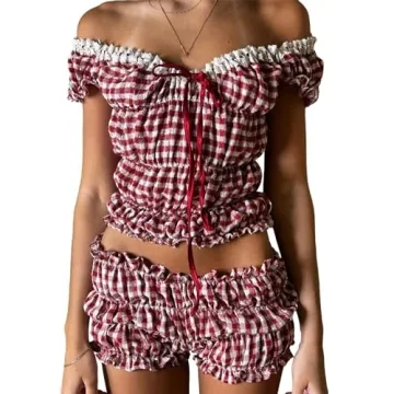 Mxiqqpltky 2 Piece Skirt Sets for Women Ruffle Short Sleeve Tie Up Crop Top & Elastic Waist Pleated ...