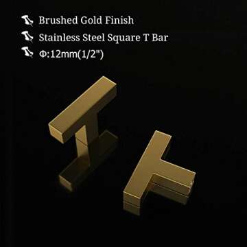 (20 Pack) Square T Bar Pull Gold Cabinet Knobs Brushed Brass Drawer Pulls Single Hole Cupboard Dresser Door Handle Kitchen Furniture Hardware 2" 50mm Overall Length