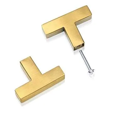 (20 Pack) Square T Bar Pull Gold Cabinet Knobs Brushed Brass Drawer Pulls Single Hole Cupboard Dresser Door Handle Kitchen Furniture Hardware 2" 50mm Overall Length