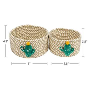 LixinJu Small Basket for Organizing Small Woven Basket Set of 2 Cactus Small Rope Basket Decorative Mini Storage Bins Round Little for Desk Dog Cat Toy Kids Baby Girls Gifts, Khaki