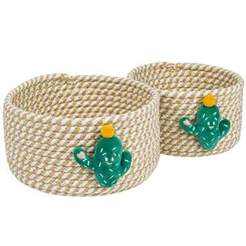 LixinJu Small Basket for Organizing Small Woven Basket Set of 2 Cactus Small Rope Basket Decorative Mini Storage Bins Round Little for Desk Dog Cat Toy Kids Baby Girls Gifts, Khaki