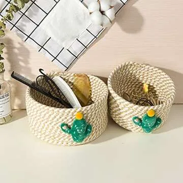 LixinJu Small Basket for Organizing Small Woven Basket Set of 2 Cactus Small Rope Basket Decorative Mini Storage Bins Round Little for Desk Dog Cat Toy Kids Baby Girls Gifts, Khaki