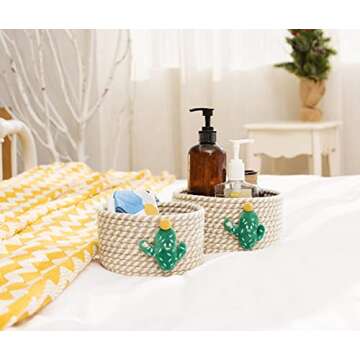 LixinJu Small Basket for Organizing Small Woven Basket Set of 2 Cactus Small Rope Basket Decorative Mini Storage Bins Round Little for Desk Dog Cat Toy Kids Baby Girls Gifts, Khaki