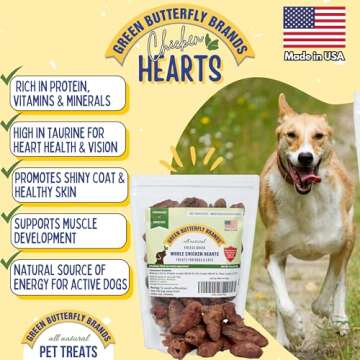 Green Butterfly Brands Freeze Dried Chicken Heart Dog Treats Made In USA. All Natural Freeze-Dried Raw Snacks for Dogs and Cats. One Ingredient. High Protein. Heart Health. Irresistible Training Treat