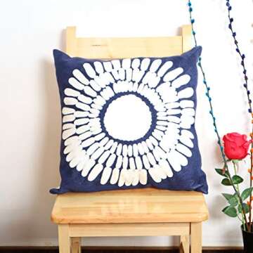 Hodeco Embroidery Throw Pillow Covers 18x18 Home Decor Floor Pillows Cover 100% Cotton Cushion Cover Throw Pillow Case for Couch Dark Blue Sunflower Embroidered Pillow 45x45cm, Navy Blue, 1 Piece