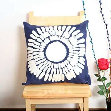 Hodeco Embroidery Throw Pillow Covers 18x18 Home Decor Floor Pillows Cover 100% Cotton Cushion Cover Throw Pillow Case for Couch Dark Blue Sunflower Embroidered Pillow 45x45cm, Navy Blue, 1 Piece
