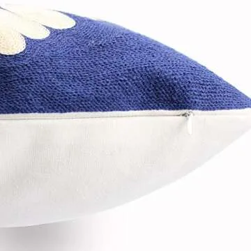 Hodeco Embroidery Throw Pillow Covers 18x18 Home Decor Floor Pillows Cover 100% Cotton Cushion Cover Throw Pillow Case for Couch Dark Blue Sunflower Embroidered Pillow 45x45cm, Navy Blue, 1 Piece