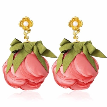 Aksod Flower Earrings Hot Pink Large Floral Earrings Stud Big Lightweight Fabric Rose Dangle Earring...