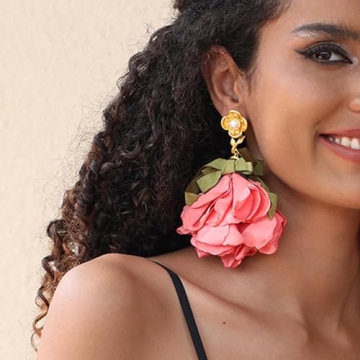 Aksod Flower Earrings Hot Pink Large Floral Earrings Stud Big Lightweight Fabric Rose Dangle Earrings Statement Jewelry for Women (Pink)