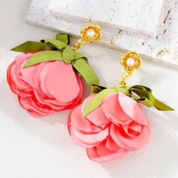 Aksod Flower Earrings Hot Pink Large Floral Earrings Stud Big Lightweight Fabric Rose Dangle Earrings Statement Jewelry for Women (Pink)