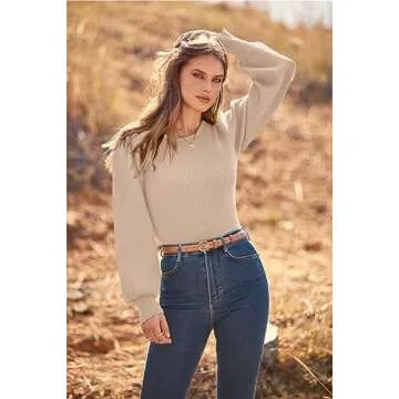 MASCOMODA Long Puff Sleeve Sweaters for Women 2024 Fall Winter Crewneck Knit Ribbed Bodysuit Pullover Tops (Beige, Small)