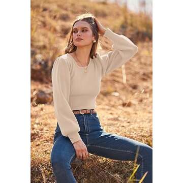 MASCOMODA Long Puff Sleeve Sweaters for Women 2024 Fall Winter Crewneck Knit Ribbed Bodysuit Pullover Tops (Beige, Small)
