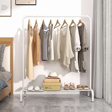 YAYI Clothes Rack Clothes Rail Metal Garment Rack Clothes Hanger Stand with Top Rod and Lower Storage,White