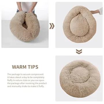 CEVICOLZE Small Cat Bed for Indoor Cats, Self-Warming Donut Kitty Bed for Small Cats Keeping Warm, Washable Pet Bed with Anti Slip Base, Khaki 15.8‘’