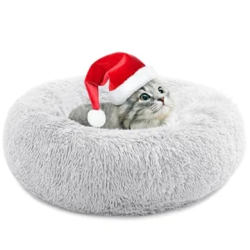 CEVICOLZE Small Cat Bed for Indoor Cats, Self-Warming Donut Kitty Bed for Small Cats Keeping Warm, Washable Pet Bed with Anti Slip Base, Khaki 15.8‘’