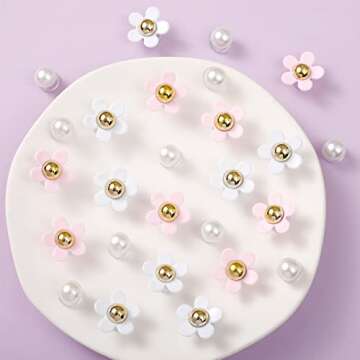 NEVEGE Flower Shoe Charms for Girls 24PCS Cute Flower Shoe Charms for Adults Teens Kids Pink Shoe Decoration Charms with Buttons Pearl Charms for Clog Sandals Birthday Party Gift