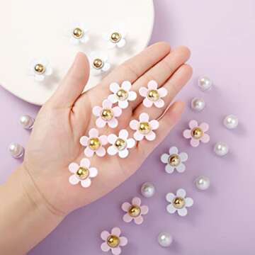 NEVEGE Flower Shoe Charms for Girls 24PCS Cute Flower Shoe Charms for Adults Teens Kids Pink Shoe Decoration Charms with Buttons Pearl Charms for Clog Sandals Birthday Party Gift