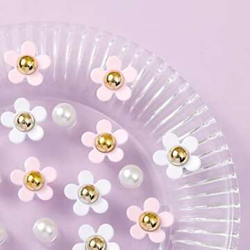 NEVEGE Flower Shoe Charms for Girls 24PCS Cute Flower Shoe Charms for Adults Teens Kids Pink Shoe Decoration Charms with Buttons Pearl Charms for Clog Sandals Birthday Party Gift