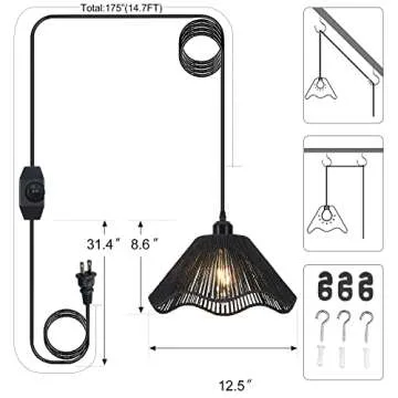 Karzibo Black Pendant Light with Plug in Cord 14.7Ft Dimmable Woven Hemp Rope Hanging Lamp Boho Rattan Swag Light Fixture for Kitchen Island Sink Living Room Bedroom Corner, 12.5" D
