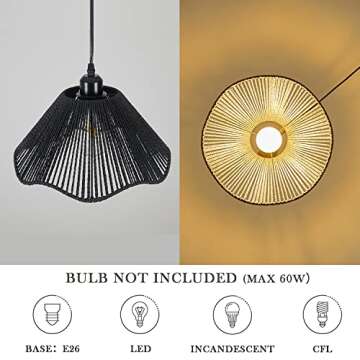 Karzibo Black Pendant Light with Plug in Cord 14.7Ft Dimmable Woven Hemp Rope Hanging Lamp Boho Rattan Swag Light Fixture for Kitchen Island Sink Living Room Bedroom Corner, 12.5" D